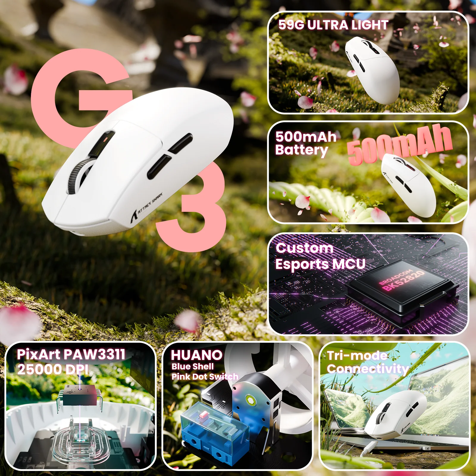 ATTACK SHARK G3 Tri-mode Wireless Gaming Mouse 25000 DPI Ultra Lightweight - Image 2