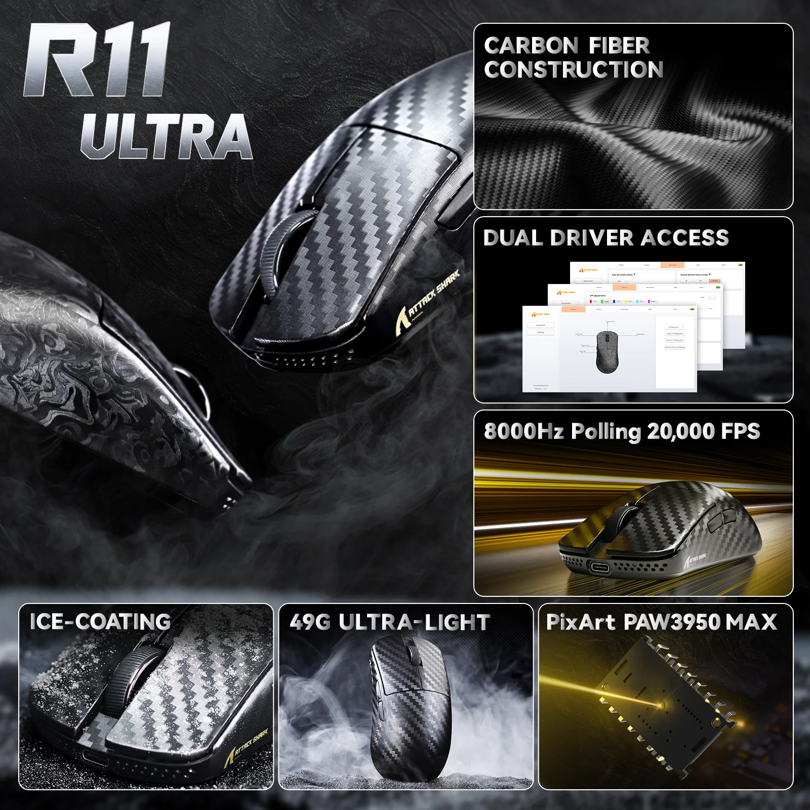ATTACK SHARK R11 ULTRA Carbon Fiber Wireless 8K PAW3950MAX Gaming Mouse with C06 Ultra LED Cable - Image 13