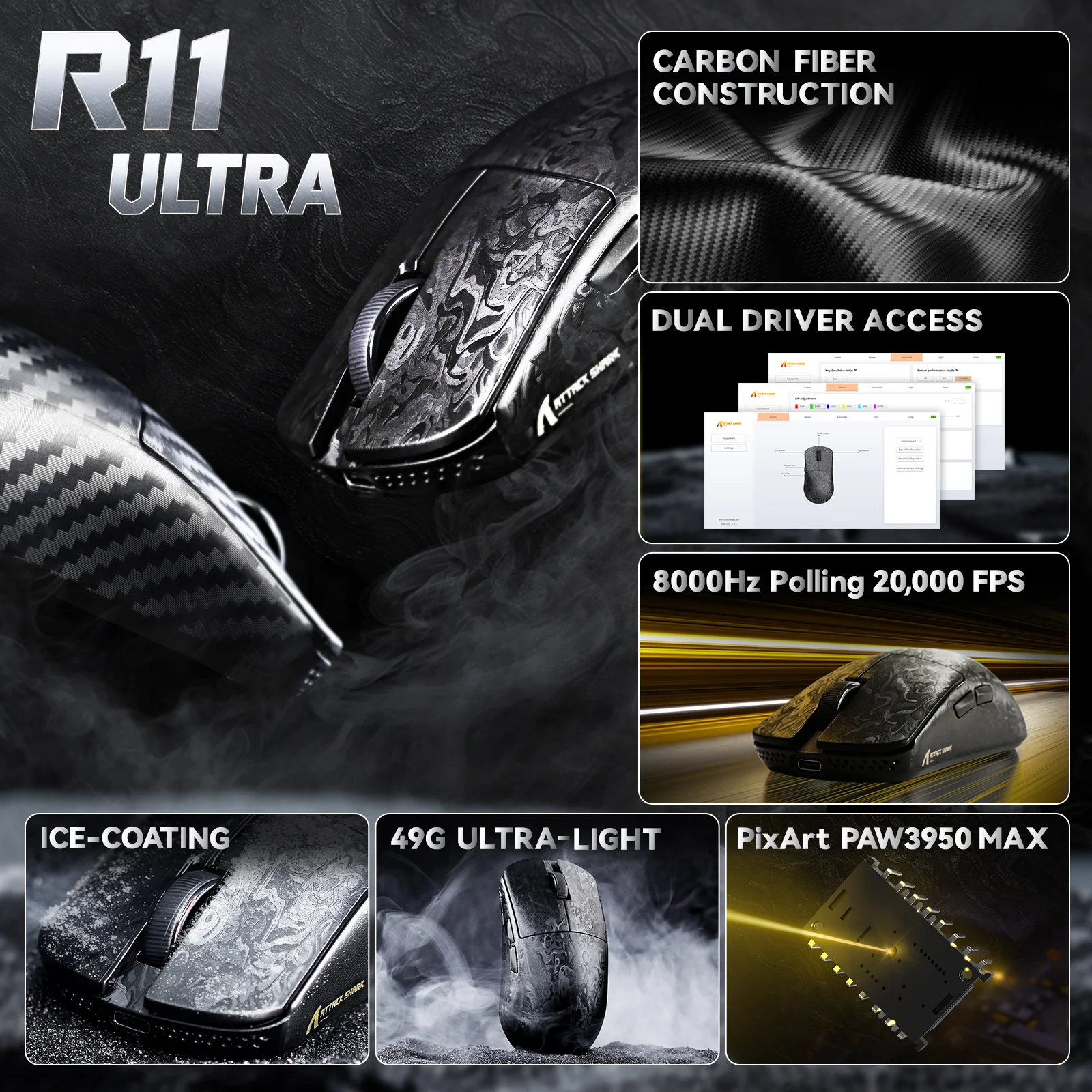 ATTACK SHARK R11 ULTRA Carbon Fiber Wireless 8K PAW3950MAX Gaming Mouse with C06 Ultra LED Cable - Image 3