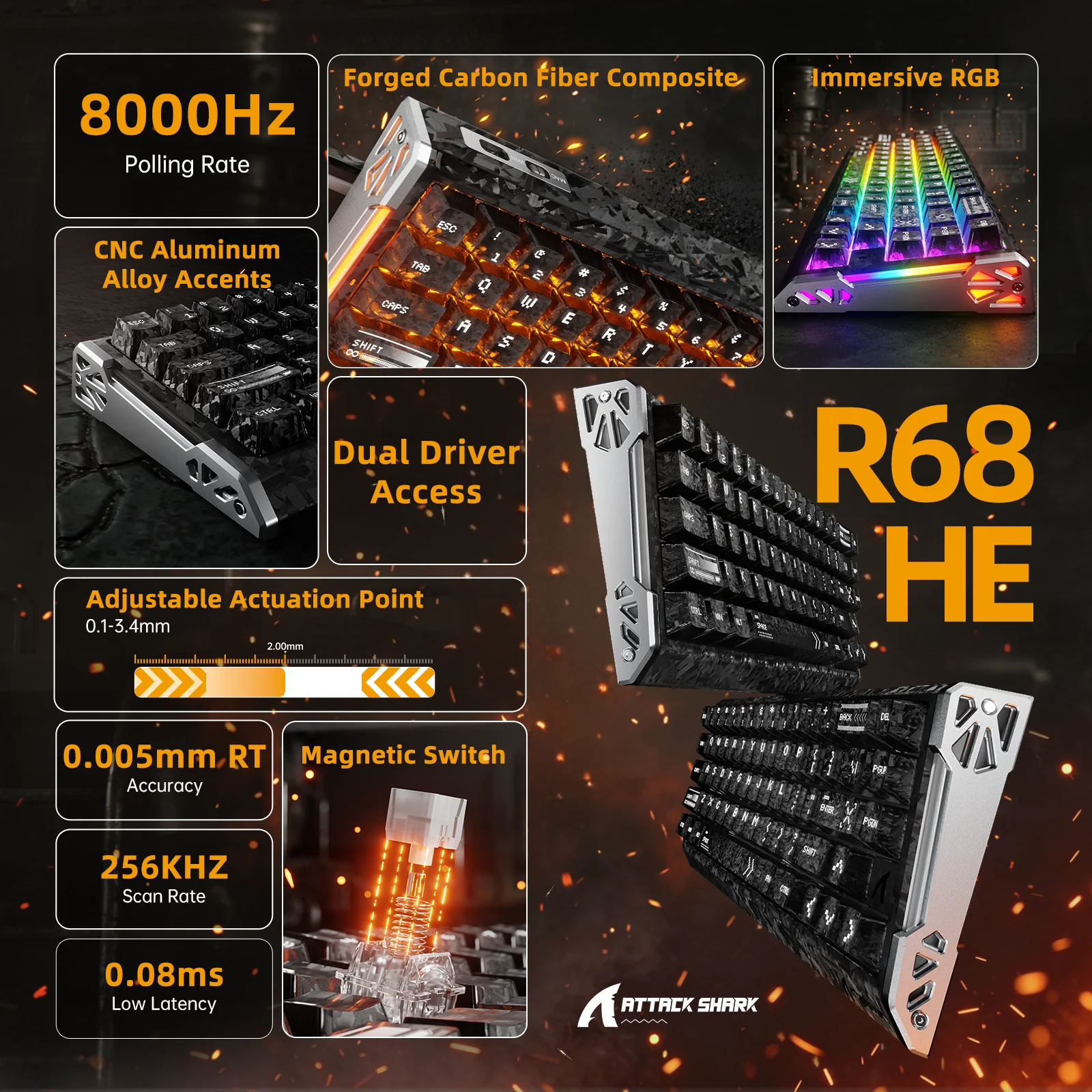ATTACK SHARK R68 HE Carbon Fiber Rapid Trigger Keyboard Magnetic Switch - Image 2