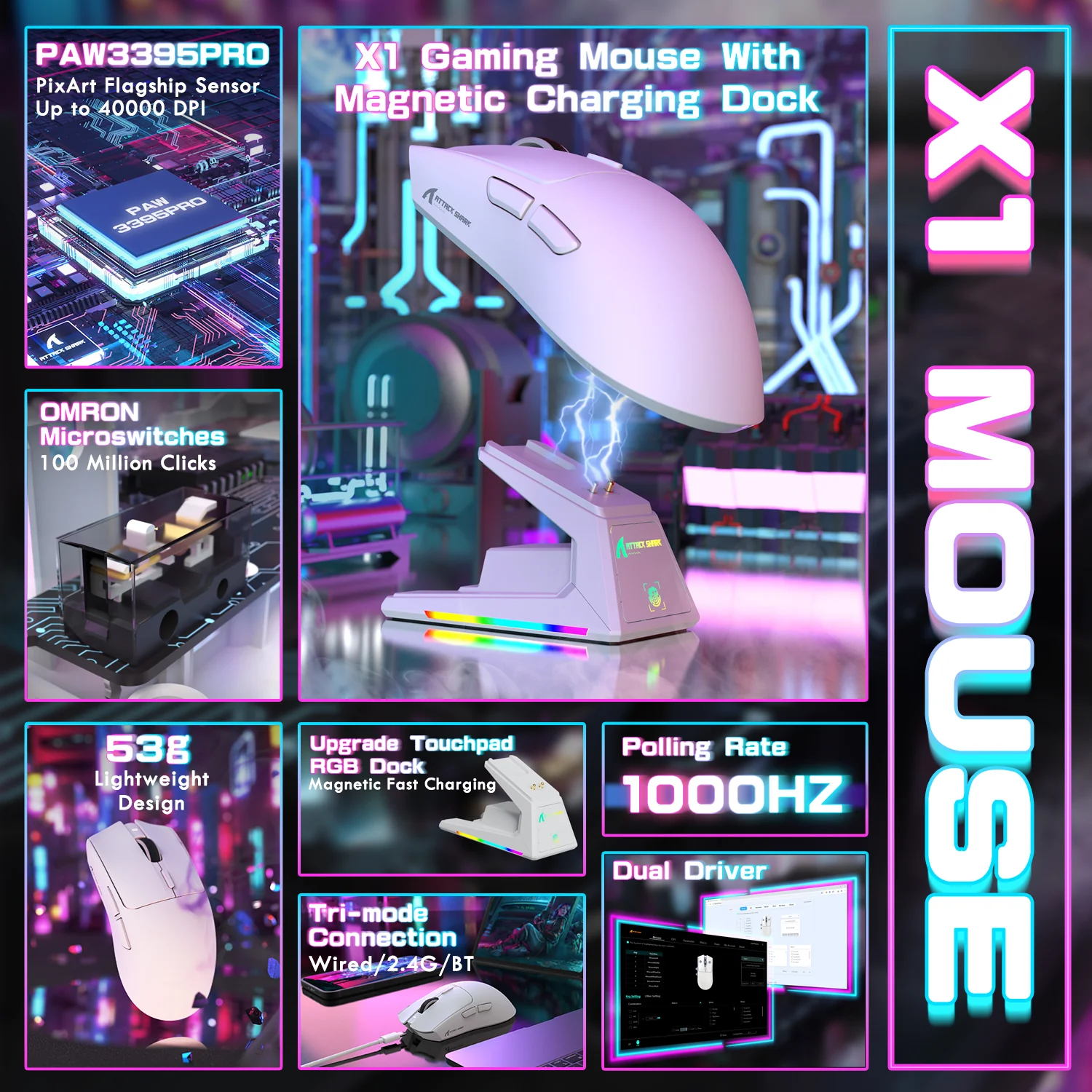 ATTACK SHARK X1 Tri-mode Gaming Mouse With Touchpad RGB Charging Dock PAW3395PRO Sensor - Image 2