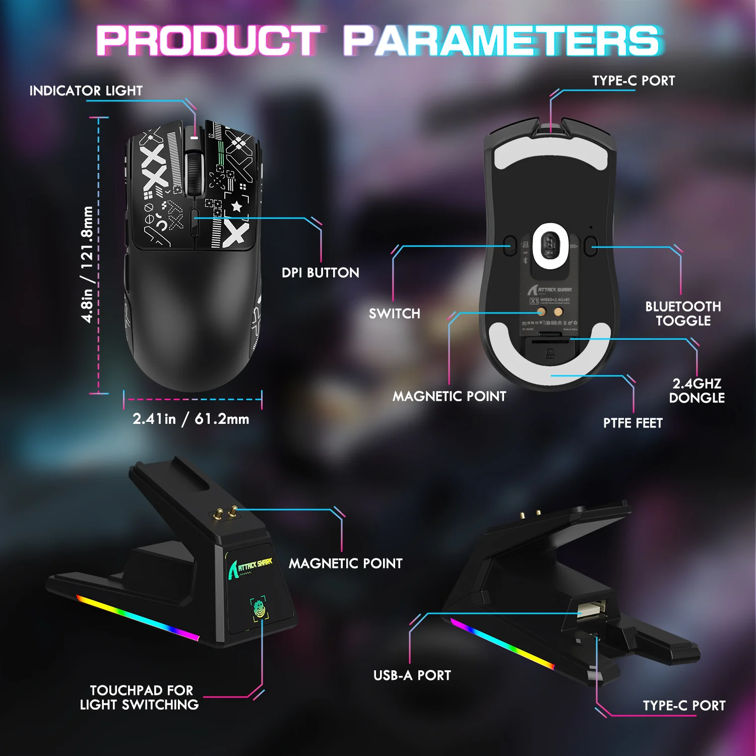 ATTACK SHARK X1 Tri-mode Gaming Mouse With Touchpad RGB Charging Dock PAW3395PRO Sensor - Image 45
