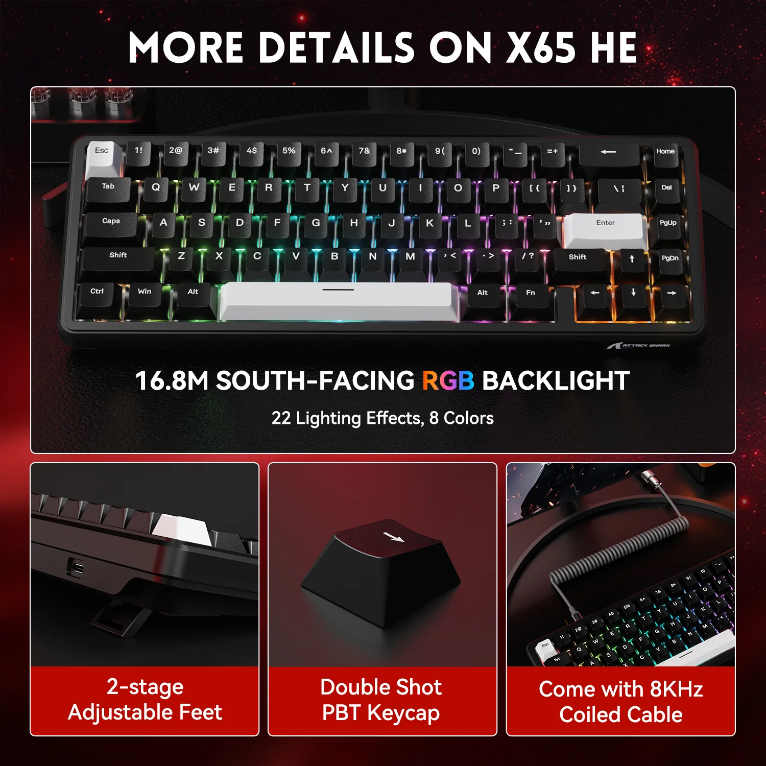 ATTACK SHARK X65 HE Magnetic Switch Rapid Trigger Keyboard With 8Khz Coiled Cable - Image 17