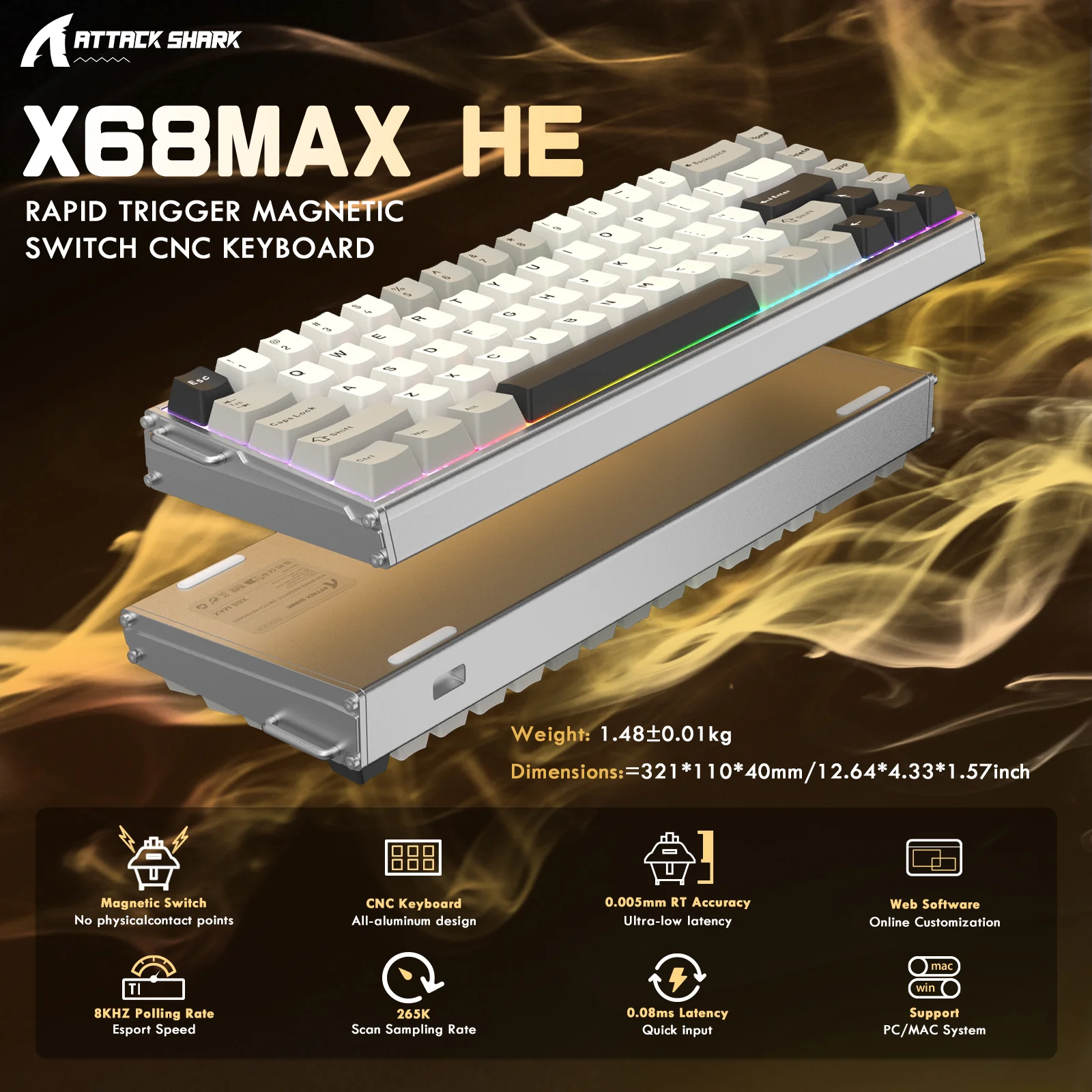 ATTACK SHARK X68MAX HE Rapid Trigger CNC Aluminum Keyboard Magnetic Switch with C01Ultra RGB Coiled Cable - Image 2