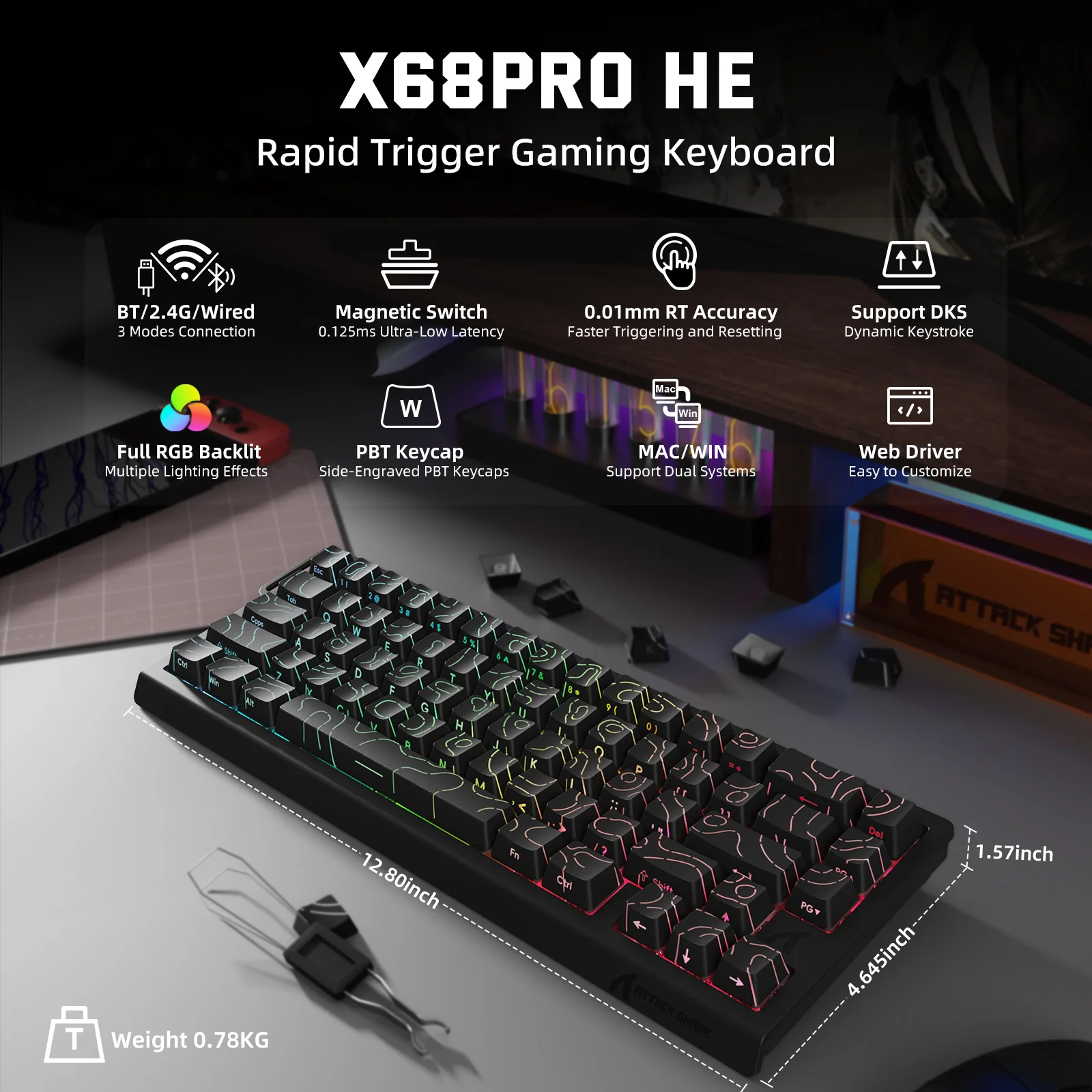 ATTACK SHARK X68PRO HE Wireless Rapid Trigger Keyboard Magnetic Switch - Image 11