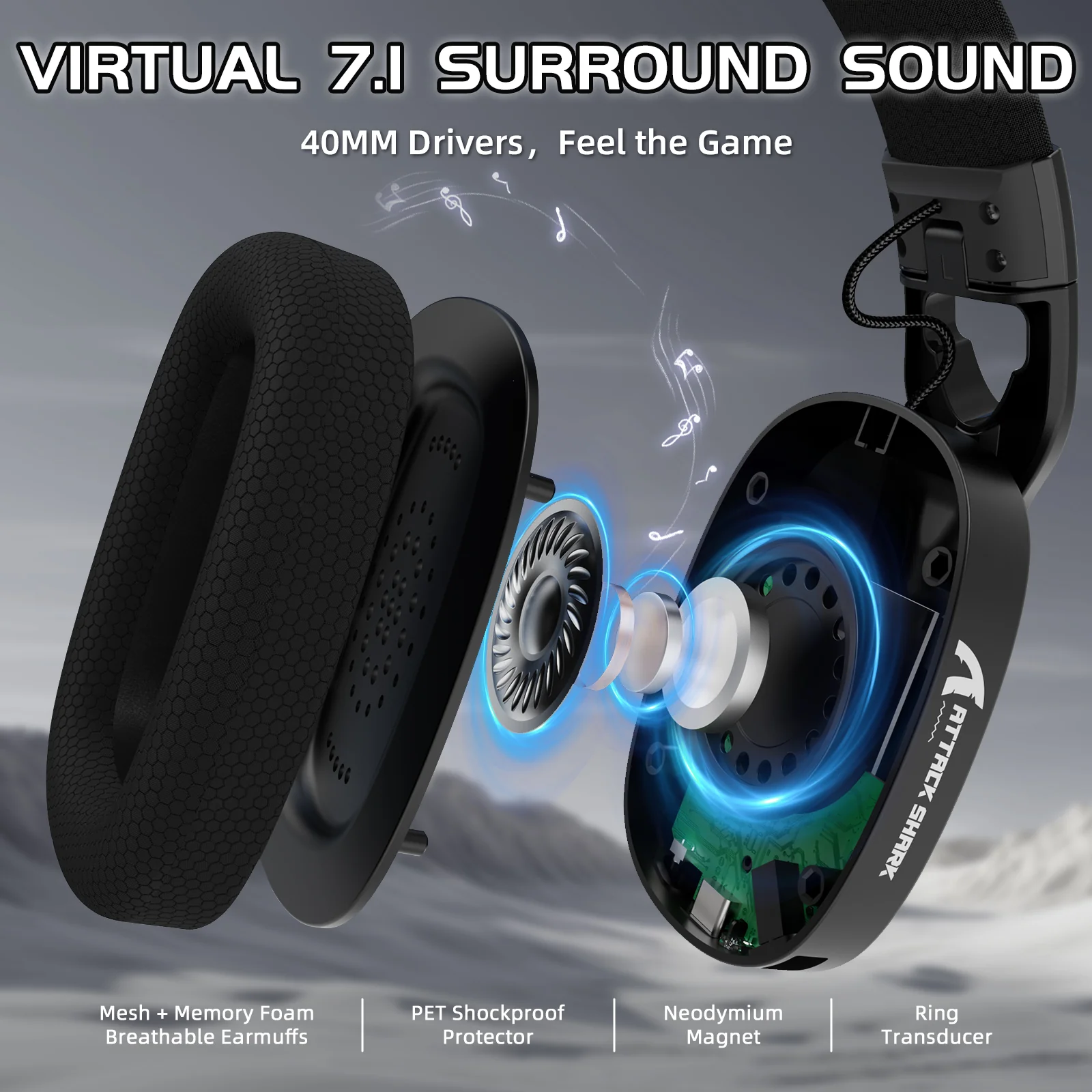 ATTACK SHARK L90 Foldable RGB Ultra-Light Tri-Mode Gaming Headset - Image 3